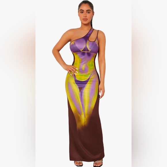 SHEIN Dresses & Skirts - Asymmetric One-Shoulder Brown, Purple & Yellow Print Maxi Dress Size:X-Small